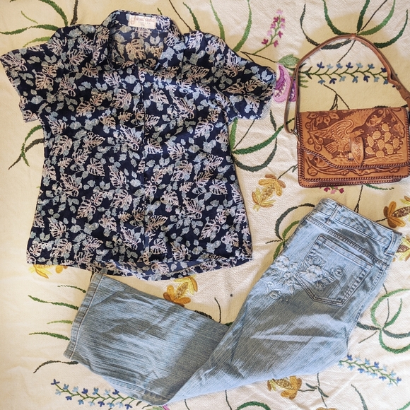 Vintage Japanese silk shirt Navy Blue leaf print - Picture 3 of 9